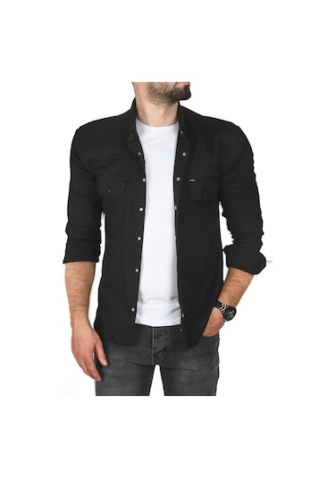 Deepsea Erkek Siyah Büyük Beden Pamuklu Likralı Spor Gömlek Dar Kalıp, Çıt Çıt Kapamalı 2500423 Siyah