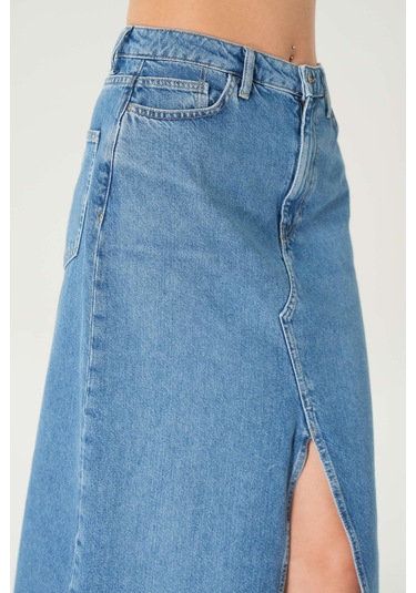 Orta Mavi Yüksek Bel Patı Fermuarlı Yırtmaçlı Etek Ucu Kesikli Maxi Jean Etek C 4532-054 Mavi