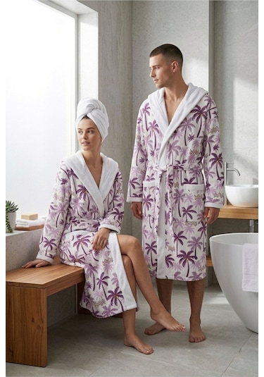 Tropical Breeze Pamuklu Desenli Kapüşonlu Bornoz Pembe - Mor Palmiye