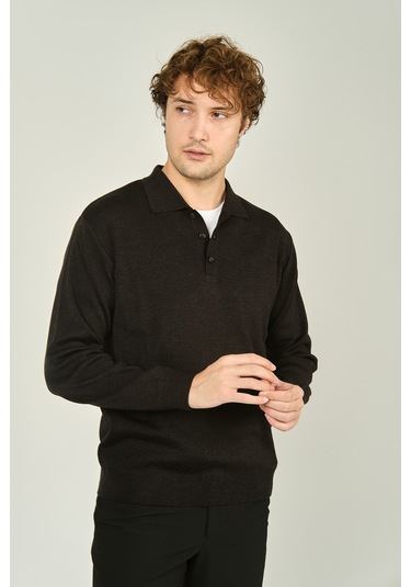 Ateş Triko Erkek Polo Yaka Düğmeli Yün Kazak 6091023 Füme Füme