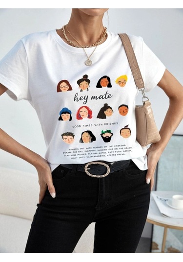 Kadın Beyaz Oversize Hey Mate Baskılı T-shirt Beyaz-67174