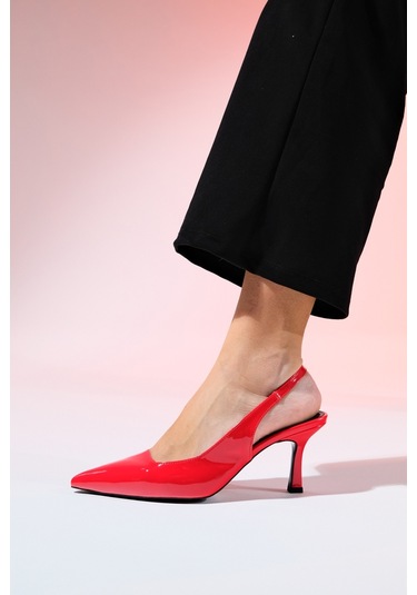 Luvishoes Flem Kırmızı Rugan Kadın Sivri Burun Arkası Açık İnce Topuklu Ayakkabı Kırmızı Rugan