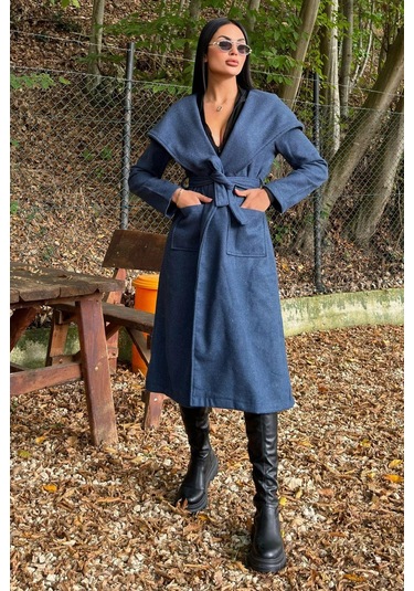 İndigo Kruvaze Yaka, Kapüşonlu, Çift Cepli, Beli Kemerli, Uzun Kaşe Kaban Astarsız İndigo