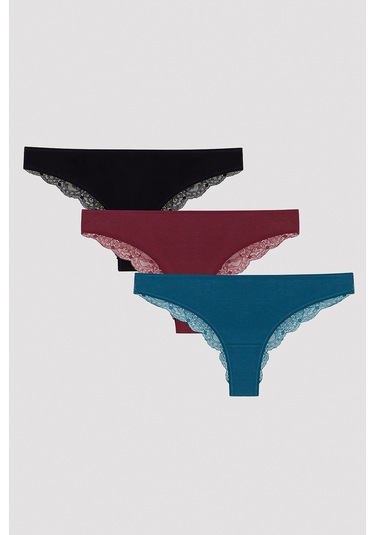 Arka Dantel Detaylı Koyu Ton 3lü Brazilian Külot Çok Renkli