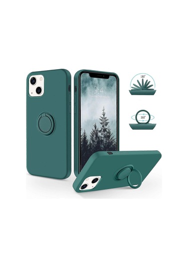 İphone 13 Kılıf Silikon Jel 360 Halka Tutucu Telefon Kılıfı - Gece Yeşili Diğer