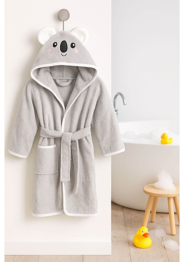 Kapşonlu Hayvan Desenli Çocuk Banyo Deniz Plaj Bornozu %100 Pamuklu Gri