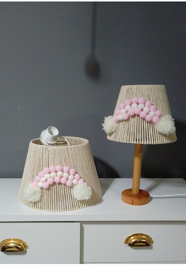 Makrome Avize Çocuk Odası Bebek Odası Abajur Avize Set Ahşap Ayak E27 Duy Ekru