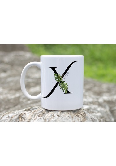 X Harf Zarif Yaprak Desenli Kupa Bardak - Naturel Sade Alfabe Harfli Bardak - Kişiye Özel Hediye Beyaz