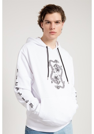 Jahr Marc Dragon Baskılı Beyaz Oversize Erkek Sweatshirt Beyaz