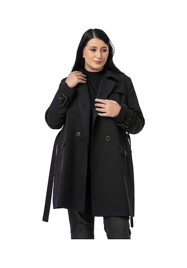 Büyük Beden Kruvaze Kolu Bant Detaylı Cepli Kuşaklı Astarlı Siyah Trençkot Siyah