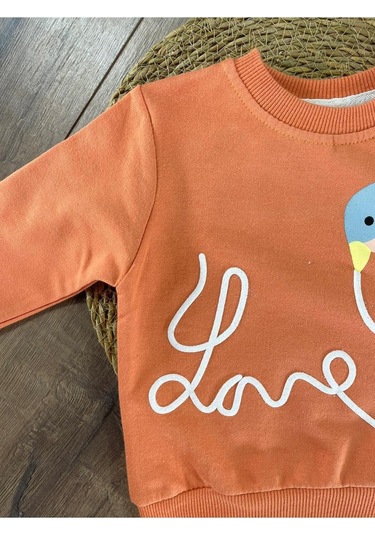 Omuzda Dantel Detaylı Kuş Baskılı Takım Turuncu