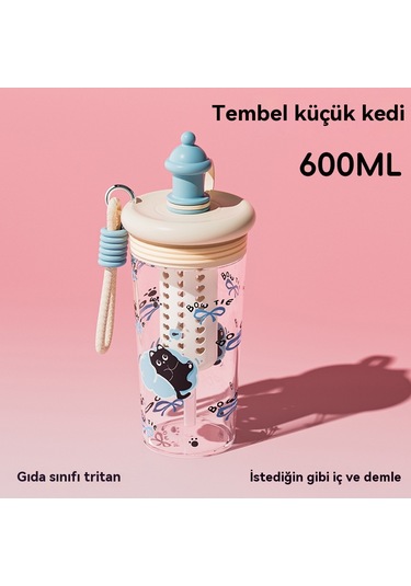 Yeni Büyük Kapasiteli Karikatür Pipetli Bardak Yavru Kedi