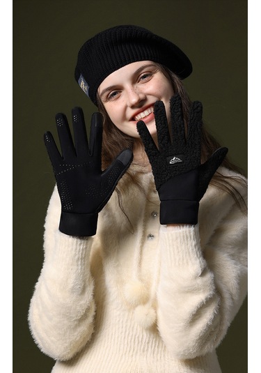 Snapbuy Unisex Kışlık, Parmak Açılır Dokunmatik, Kalın Peluş Eldiven Siyah