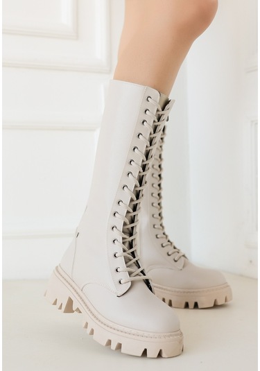 Uliza Bej Cilt Bağcıklı Çizme Bej