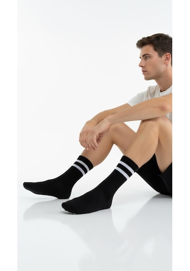 Erkek Spor Çorap 2 Li Set Nefes Alan Pamuklu Çizgili Soket Çorap Günlük Ve Spor Kullanım İçin Esnek Rahat Tasarım Siyah Beyaz