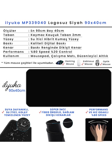 90x40cm Logosuz Siyah Xxl Büyük Boy İlyuka Gaming Oyuncu Mousepad