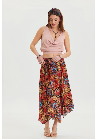 Beli Bağlamalı Salaş Midi Kloş Etek Siyah