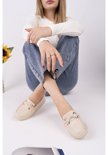 Muggo Polara Kalın Taban Toka Detaylı Kadın Günlük Loafer Ayakkabı Ten Cilt
