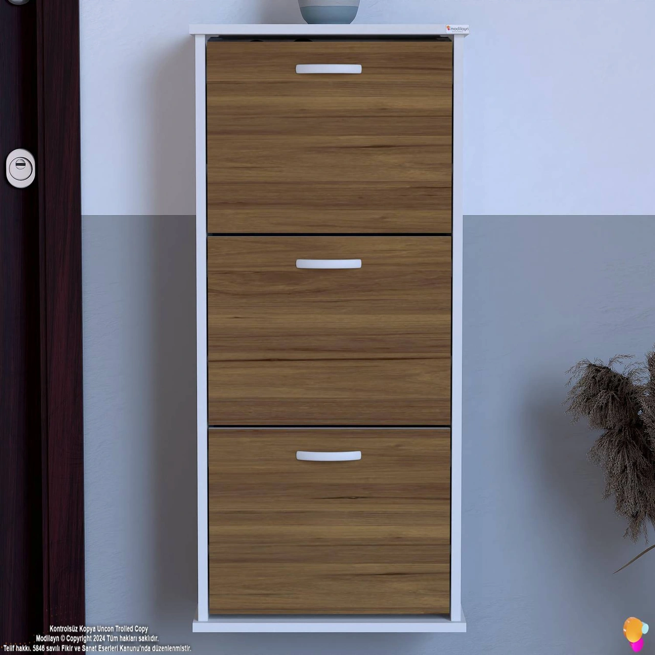 Uygar Ceviz Renk Asma Ayakkabılık Kapı Önü 3 Düşer Kapak 6 Göz Raf Bölme Ayakkabılık 52x115x25,5 Cm Ceviz