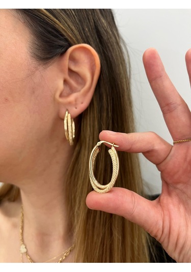 Altın Nesil - 14 Ayar Altın Parlak Kumlu Elips Küpe Altın - Beyaz Altın