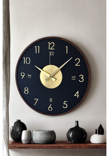 Ahşap Dekoratif Alcyone Gold - Kahverengi Duvar Saati 48cm Siyah - Gold