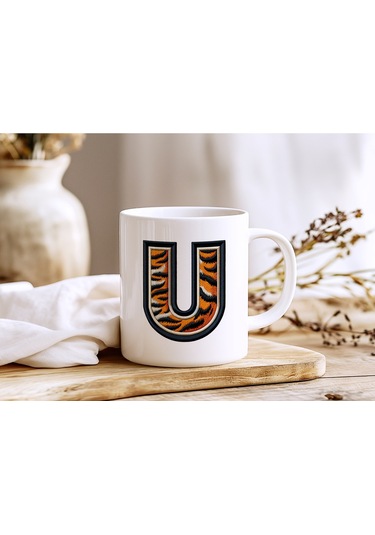 U Harfi Kaplan Figürlü Nakış Desenli Kupa Bardak - Kişiye Özel Vahşi Hayvan Desenli Kupa - Hediye Beyaz