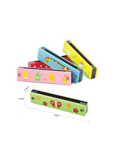 Ahşap Mızıka Renkli Desenli Çocuk Mızıka Renkli Mızıka 16 Delikli Çift Sıralı Mızıka 3 Adet