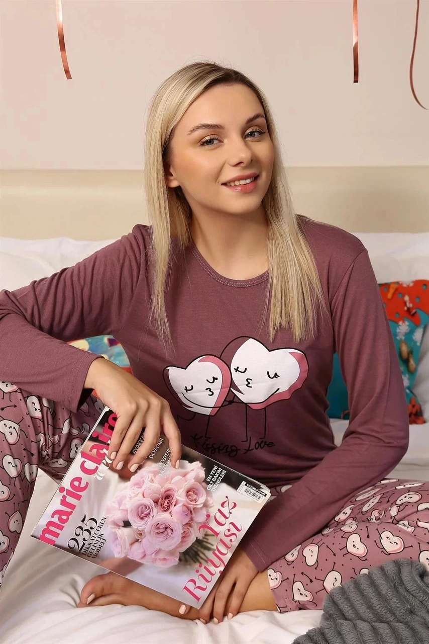 Moda Kadın Penye Uzun Kol Pijama Takım Mürdüm MÜRDÜM