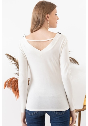 Kadın Ekru Dantel Detaylı V Yaka Bluz-Ekru