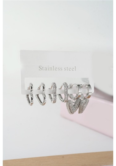 By Zeyna Aksesuar Kadın Vip Seri Baget Zirkon Taşlı Kalp Model Klipsli 6'lı Set Küpe-5108 Gümüş