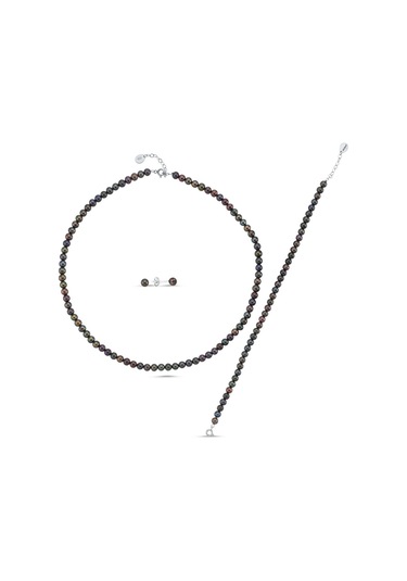 7,5 Mm Siyah Doğal İnci Sıralı Kolye Bileklik Küpe Üçlü Set 50 Cm / Rose Gümüş