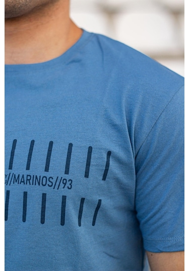 Erkek İndigo Çizgi Baskılı Normal Kesim Bisiklet Yaka Erkek Tişört 22etshmros 001