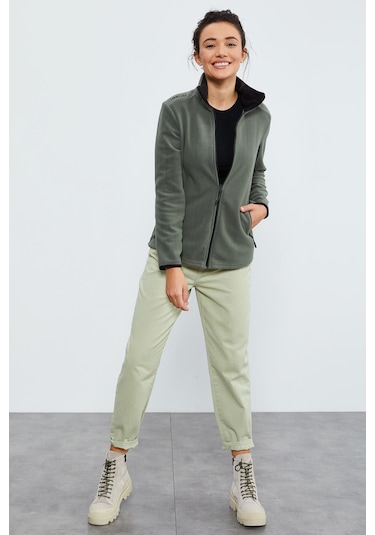 Tommy Life Çağla Dik Yaka Fermuarlı Rahat Form Kadın Polar Sweatshirt - 97173 Çağla