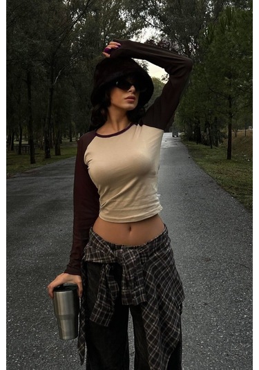 Kahverengi Raglan Kollu Gri Melanj Basic Y2k Uzun Kollu Crop-17730 Gri Melanj