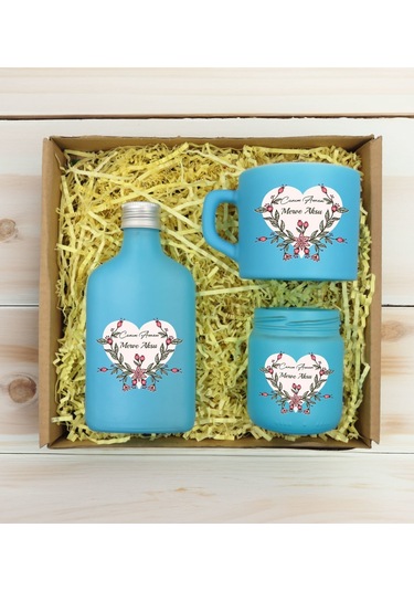 Bk Gift Kişiye Özel İsimli Dtf Anne Temalı Turkuaz Kahve Fincanı & Kolonya & Mum Hediye Seti-5, Anneye Hediye, Anneler Günü Hediyesi Kobitmeyencom3099