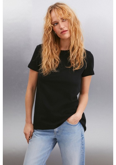 GRIMELANGE Samantha Kadın %100 Organik Pamuklu Comfort Fit Arkası Uzun Basic Örme Siyah T-shirt Siyah