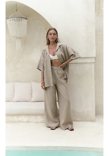 Baron Bej Keten Gömlek Pantolon Takım Bej