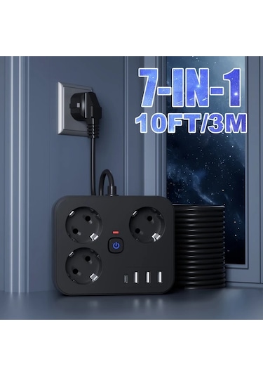 Xuweiwei 7si 1 Arada Priz 3 Ac 3 Usb 1 Type C Siyah Kısa Kablo 152 Cm Ev Ofis Seyahat