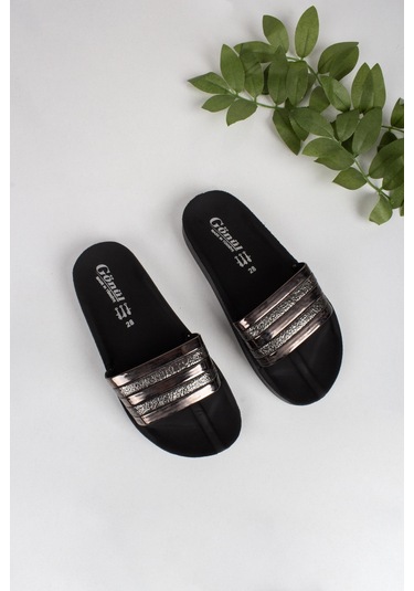 Kız Çocuk Simli Gold Detaylı Terlik-5676-koyu Kahve Koyu Kahverengi