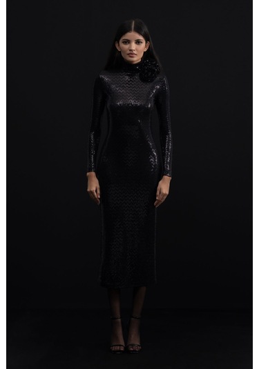 Mathilda Store Kadın Siyah Tasarım Payet Midi Elbise