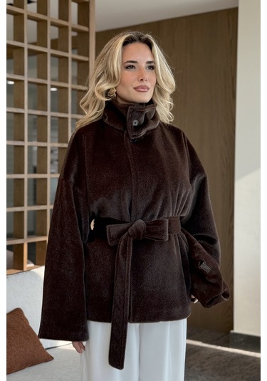 Acı Kahve Yaka Düğmeli Kuşaklı Peluş Ceket - 1624 Acı Kahve