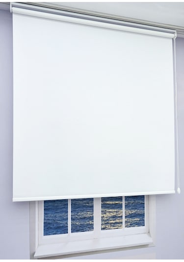 Esdeh Düz Stor Perde - Kalın Mat Stor Güneşlik Kumaş Keten - Alüminyum Kasa Ve Boru - Eteği Dilimsiz/Düz Beyaz