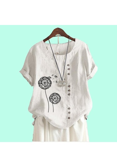 Kadın Günlük Çiçek Baskılı Bol Bluz Bayan Pamuk Keten Üst Moda Kısa Kollu Tişört Beyaz