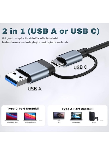 Polham 7in1 Type C/usb To 7x Usb 3.0 Çoğaltıcı Okuyucu Hup Adaptör, Klavye, Mouse, Yazıcı, Usb Okuyucu