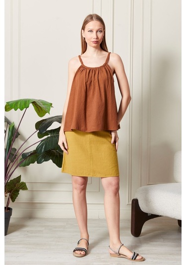 Şık Farklı Tarz Keten Işıl Bluz - Zarif Ve Modern Tasarım Kiremit