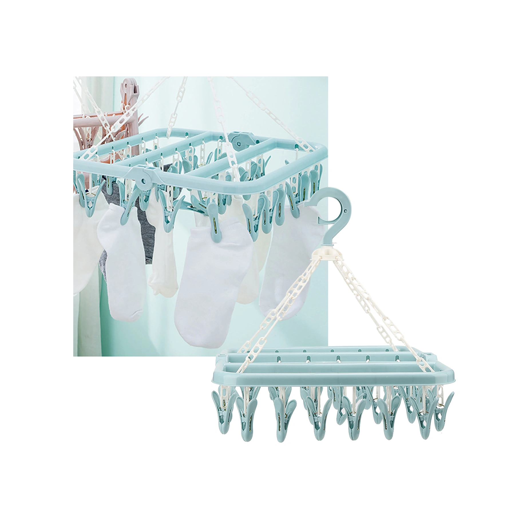 Geeroyoo 32 Klipsli Plastik Çamaşır Asma, 360 Derece Döner, Rüzgar Proof, Bebek Çamaşırları, Çorap, İç Giyim İçin Ev Kullanıma Uygun Mavi