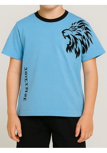 Çocuk Aslan Baskılı Pamuklu Oversize T-shirt-16014 Mavi