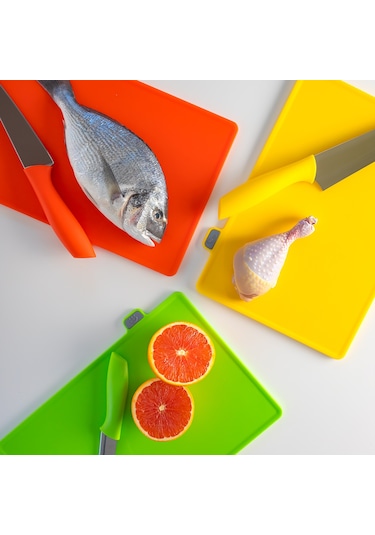 Porsima 1075 3 Bıçaklı Standlı Çoklu Kesme Tahtası Seti Siyah - Beyaz