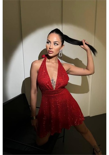 Neşeli Butik Kadın Kırmızı Halter Yaka Payet Elbise Nbdf046 Kırmızı