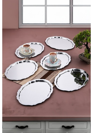 6 Adet Paslanmaz Çelik Oval Dalgalı Sade Kahve Ve Sunum Tepsisi 25x20 cm